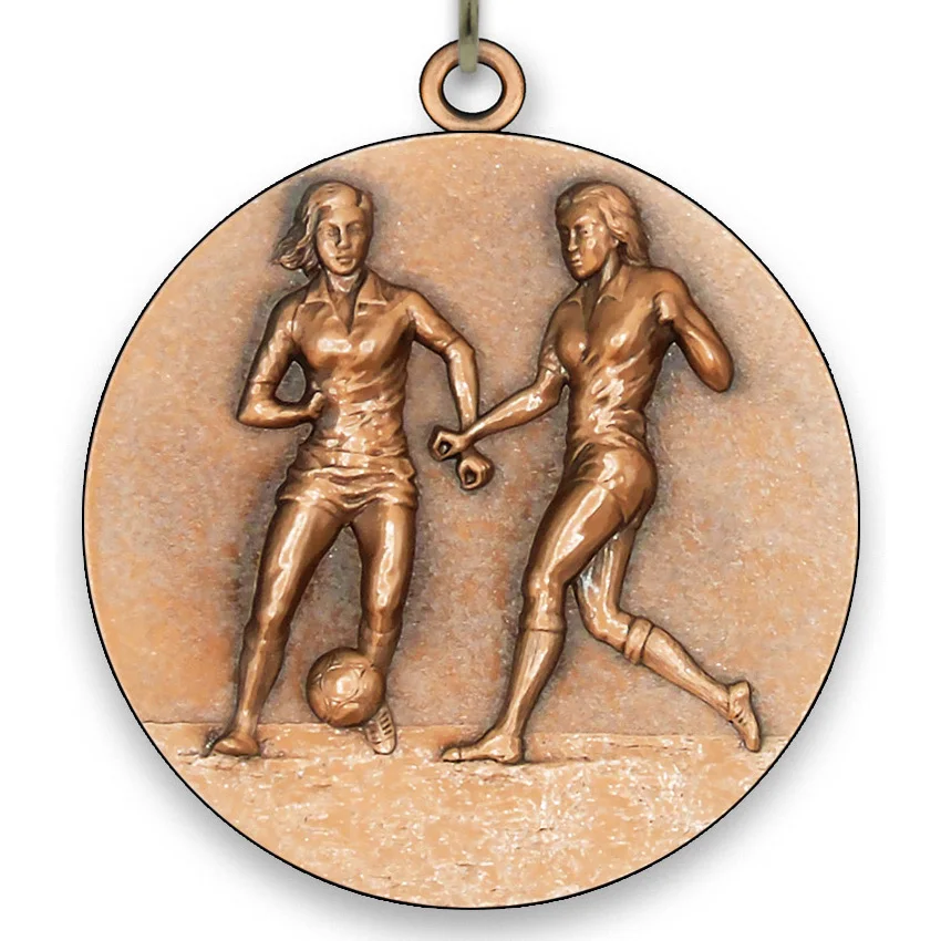 Large Metal - Football Medal Female - Bronze - 6,4 cm - with Neck Ribbon size 2,2cm x 80 cm - Choice of Ribbon Colours.