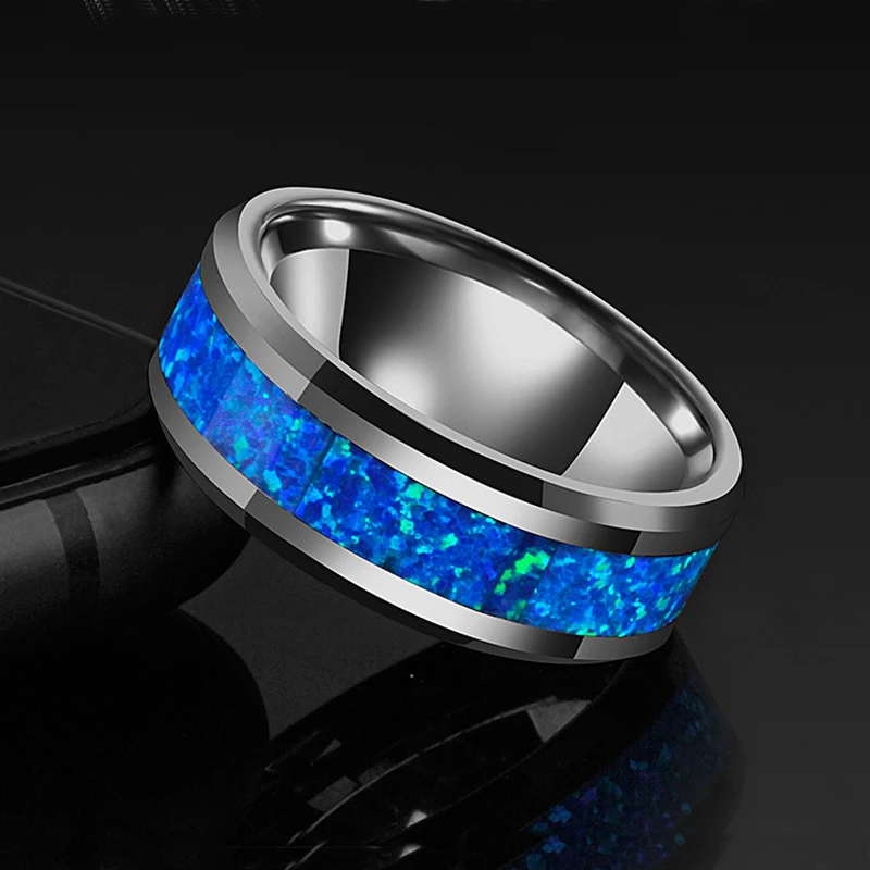 Luxury Blue Fire Opal Stainless Steel Rings Never Fade Engagement Ring Men's Wedding Jewelry