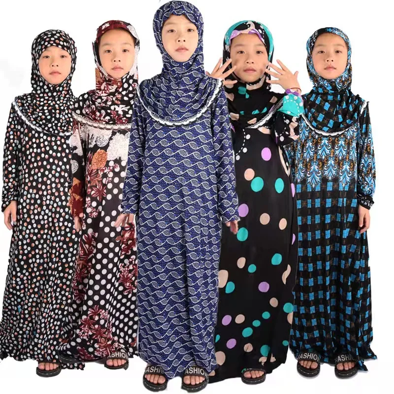 Kids Muslim Prayer Dress Children\'s Kaftan Girls Robe Hidjab Middle East Islamic Robe Abayas Printing Full Cover Praying Clothes