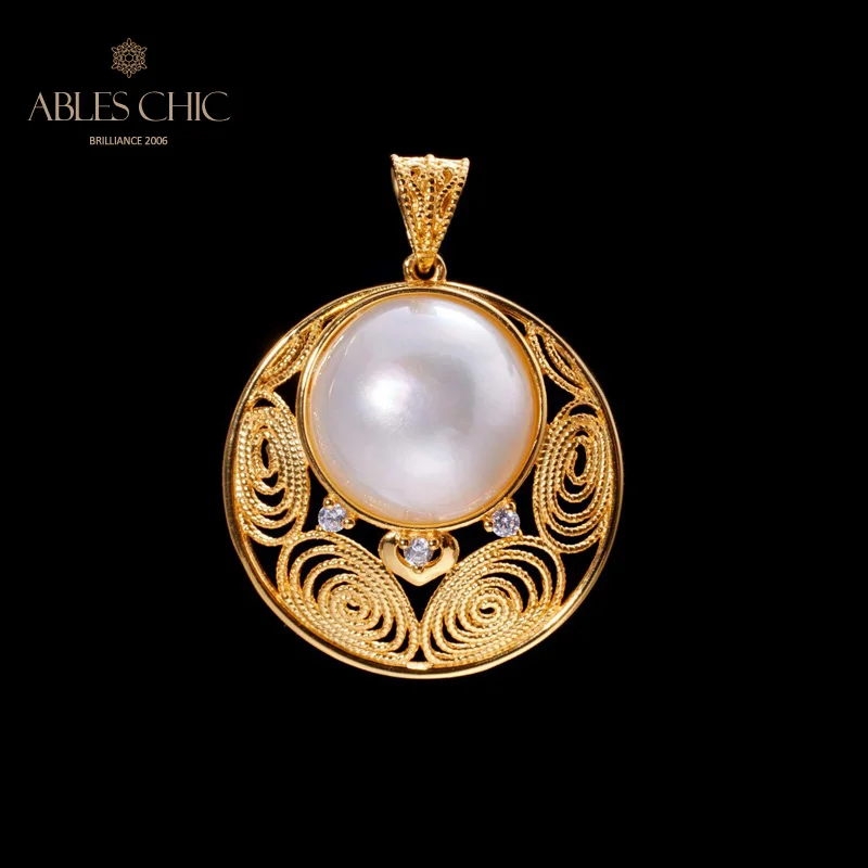 

18K Gold Tone Solitaire Mabe Pearl Filigree Pendant Solid 925 Silver Traditional Pattern Wedding Necklace C11N3S25843