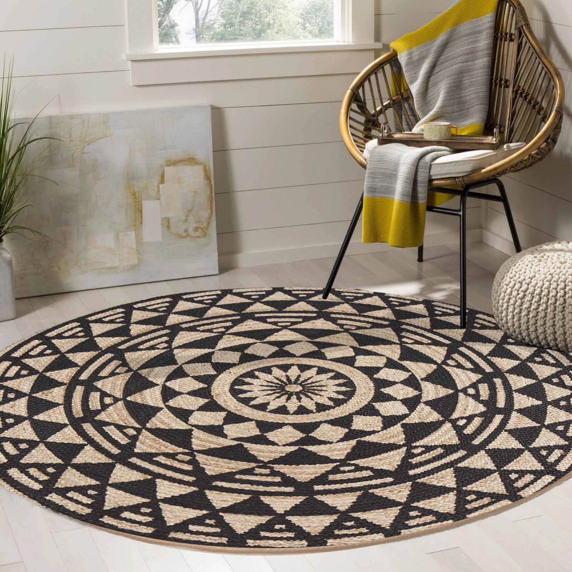 

Else Brown Black Mandala Yoga Sisal Handmade Flatweave Natural Jute Carpet Round Floor Mat Living Room Bedroom Sisal Area Rug