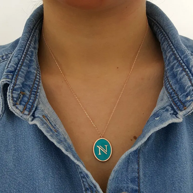 N Initial Letter Necklace Id Necklace Custom Necklace Personalised Necklace Turquoise or Black Enamel Necklace