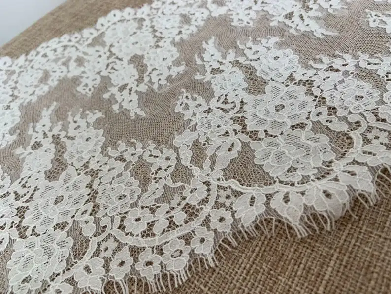 

3 yards Off White Chantilly Lace Trim, Double Motif Lace Trim With Eyelash Fringe