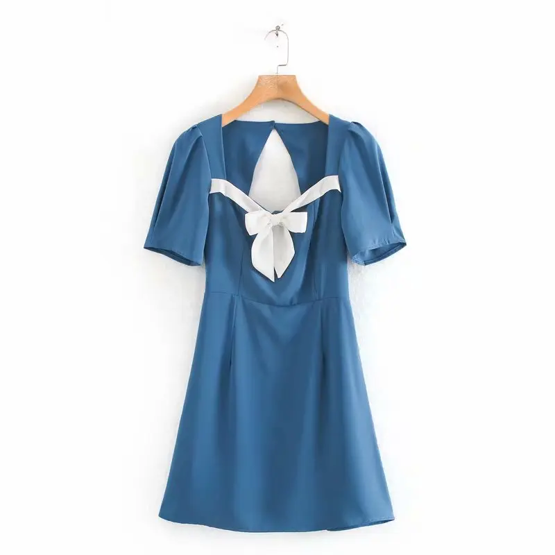 

2023 spring new European and American women’s fashion blue ribbon short-sleeved dress skirt dress