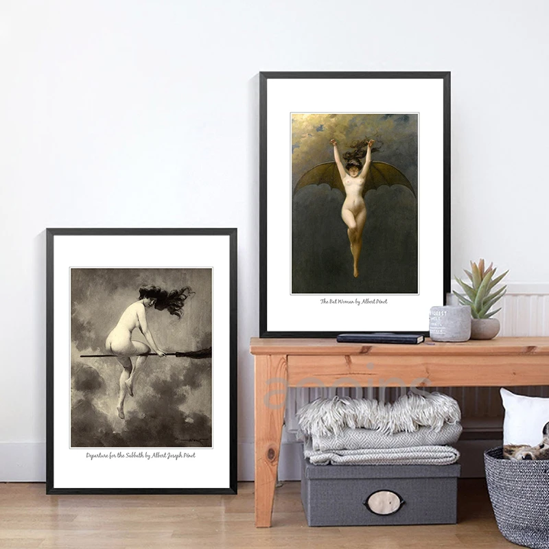 Witch on Her Broom Poster Vintage Nude Woman Print Gothic Wall Art Canvas Painting Halloween Decoration Picture Home Room Decor