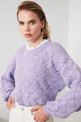 Pull en tricot ajouré avec détail en dentelle pour femme, vêtement élégant en Organza, Perspective