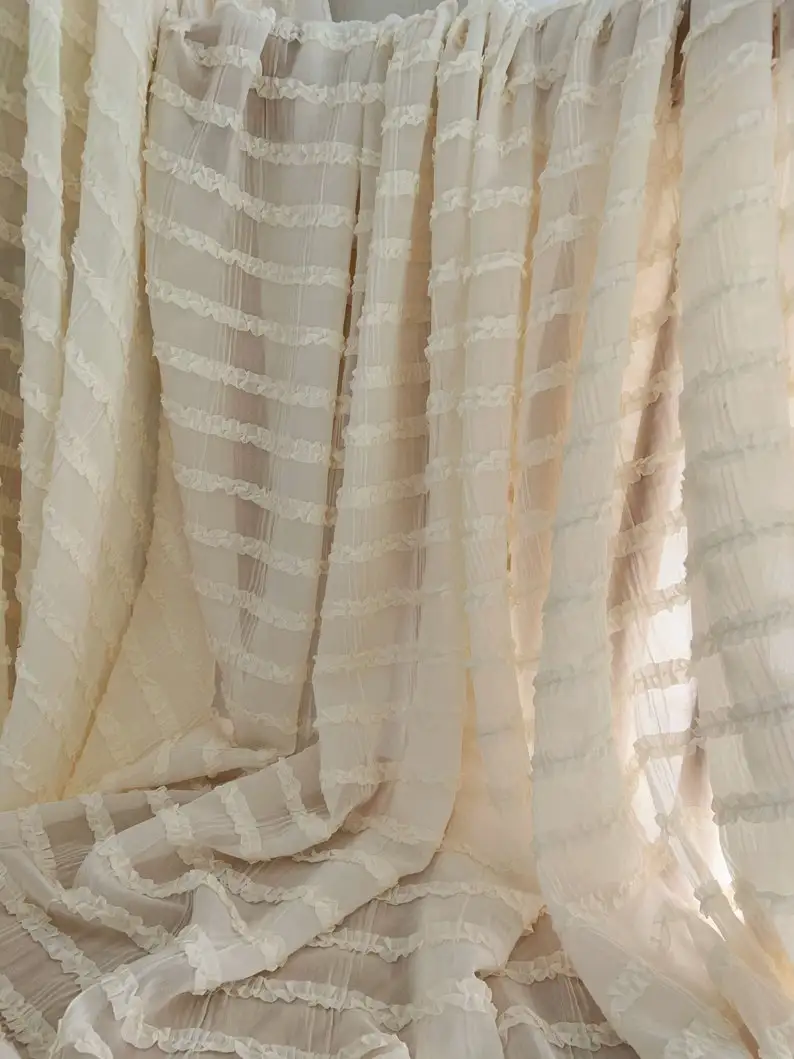 1 Yards Ivory Creased Chiffon Fabric With Ruffles, Chiffon Fabric With Frills For Dress Couture Costume