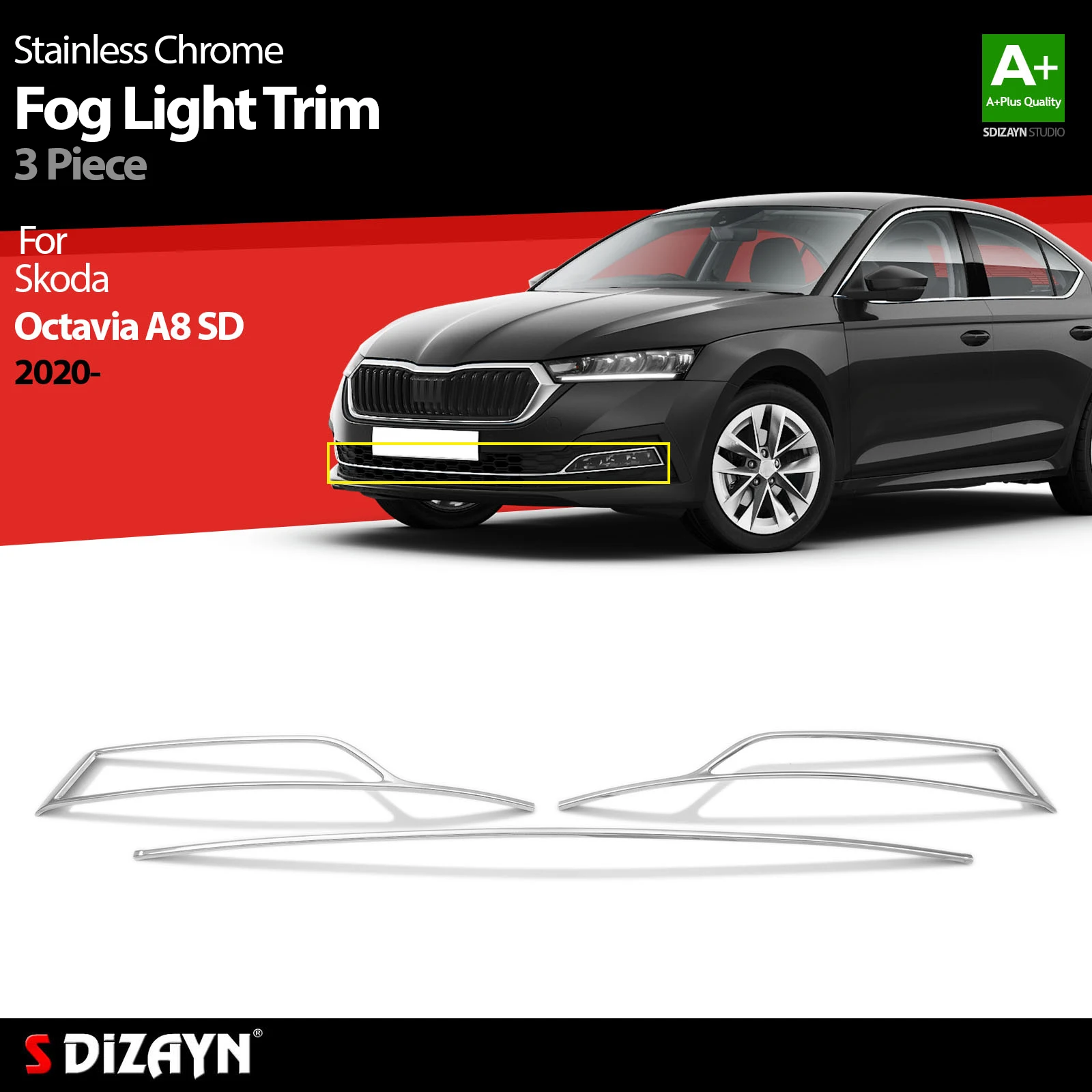 

S Dizayn For Skoda Octavia A8 Chrome Fog Light Frame Stainless Steel 3 Pcs Exterior Car Accessories Parts Auto Products Stickers