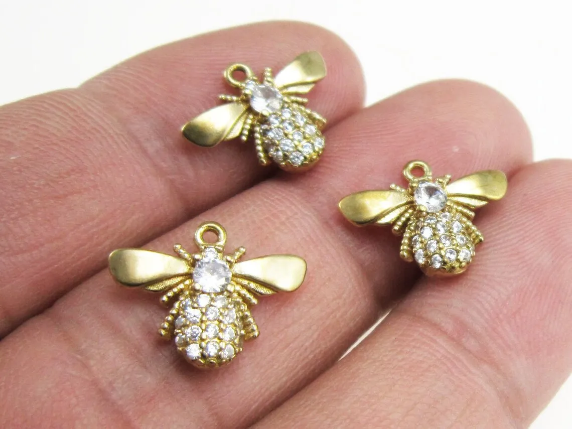 6pcs Brass bee earring charm, CZ Honey earring pendant, Earring findings, 12.8x15.9mm, Bracelet necklace components R1648