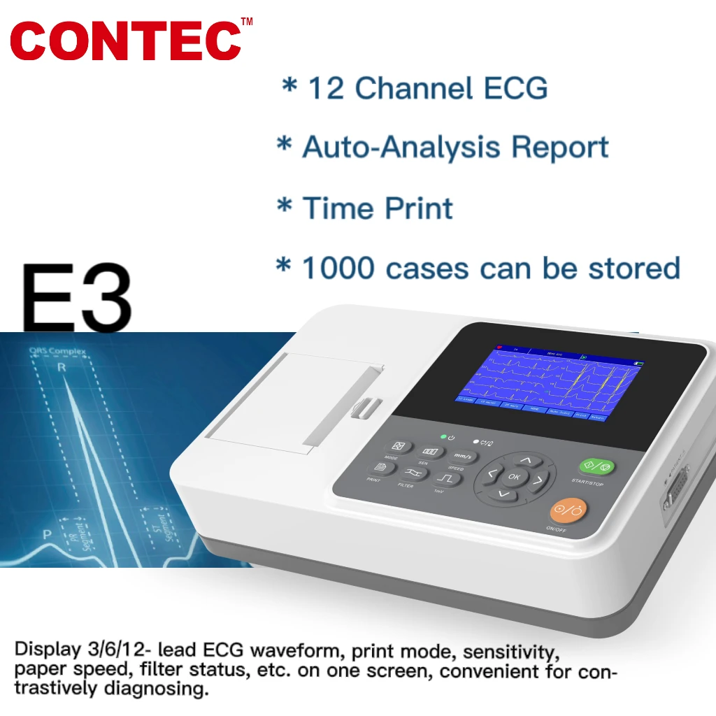 Contec Electrocardiograph Monitor LCD 12 Channel ECG E3 /E3M Time Print MUTI-Language Interface Auto-Analysis Report