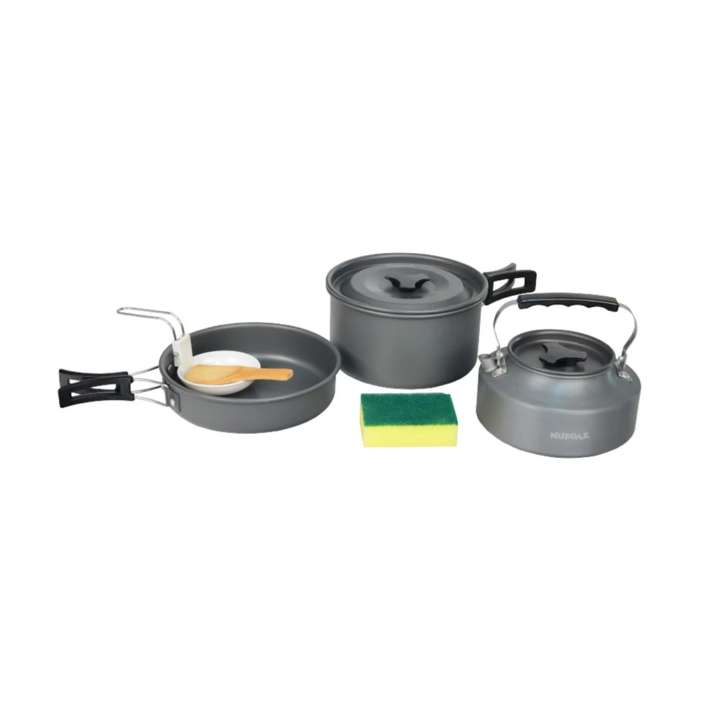 Camping Cookware Set Hard Anodized Aluminum Cooking Set Kettle Pan Cookware Teapot Travel Hiking Picnic Tableware Set of 3