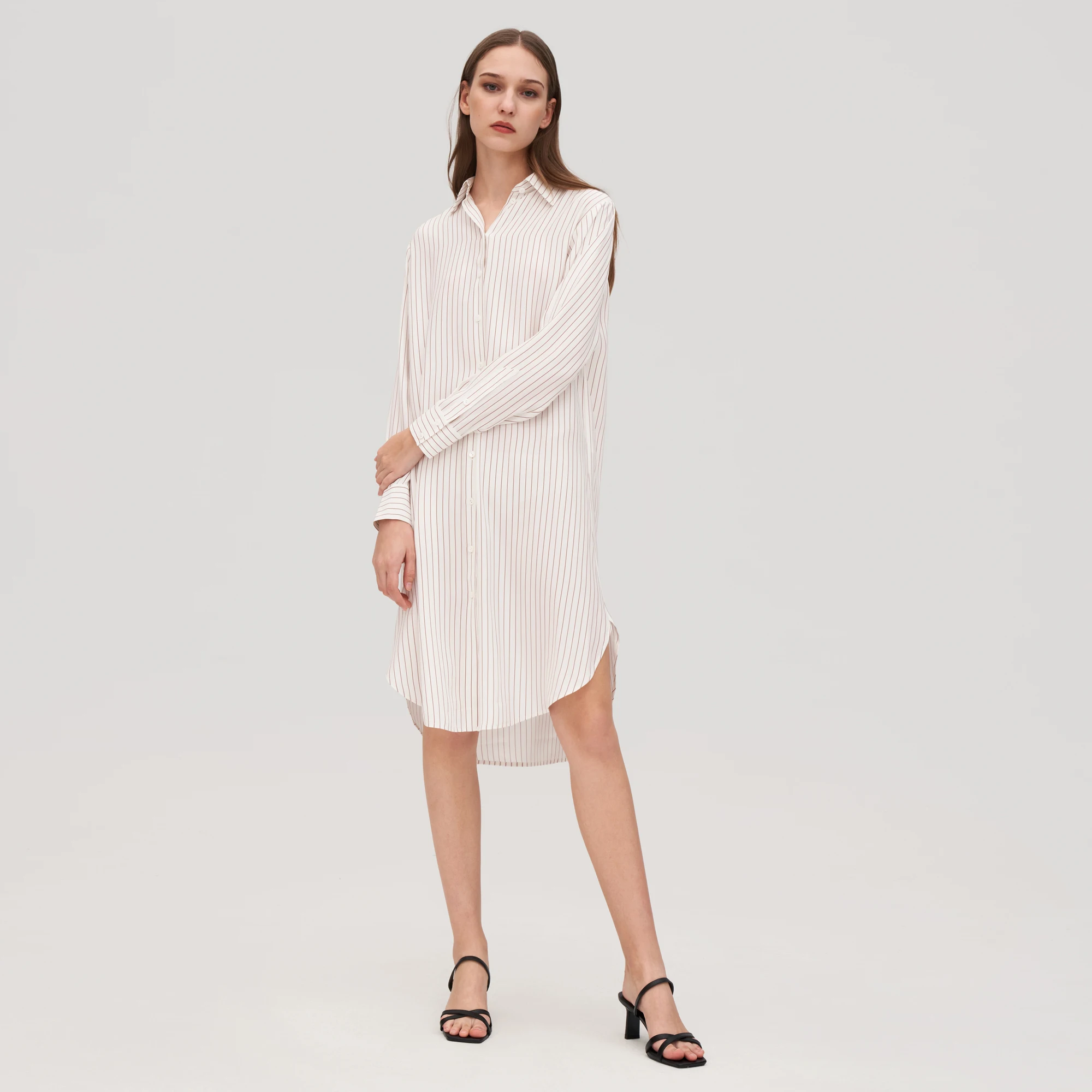 LILYSILK Pinstriped Freesia Shirt Dress 19 Momme Charmeuse Silk Dress for Elegant Ladies