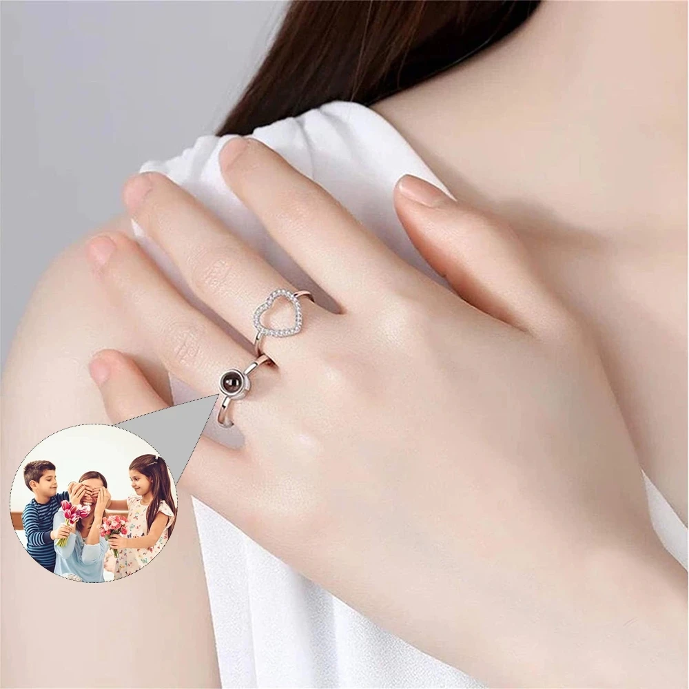 Dascusto New Heart Ring Personalized Projection Photo Rings Custom Couples Picture Wedding Jewelry 2Pc Adjustable Ring For Women