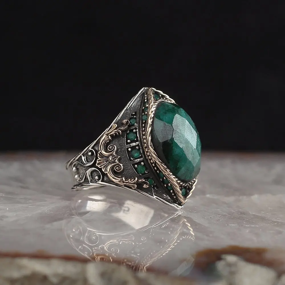 Semi Precious Emerald Gemstone Crescent 925 Sterling Silver Men 'S Ring