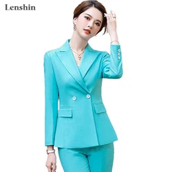 Lenshin-Conjunto feminino turquesa de negócios, roupas de calças femininas, desgaste de escritório, blazer de peito único com calças, alta qualidade