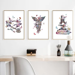 Physician Gift Medical Device Watercolor Art Painting Canvas Print Caduceus Stethoscope Microscope Poster Clinic Wall Art Decor