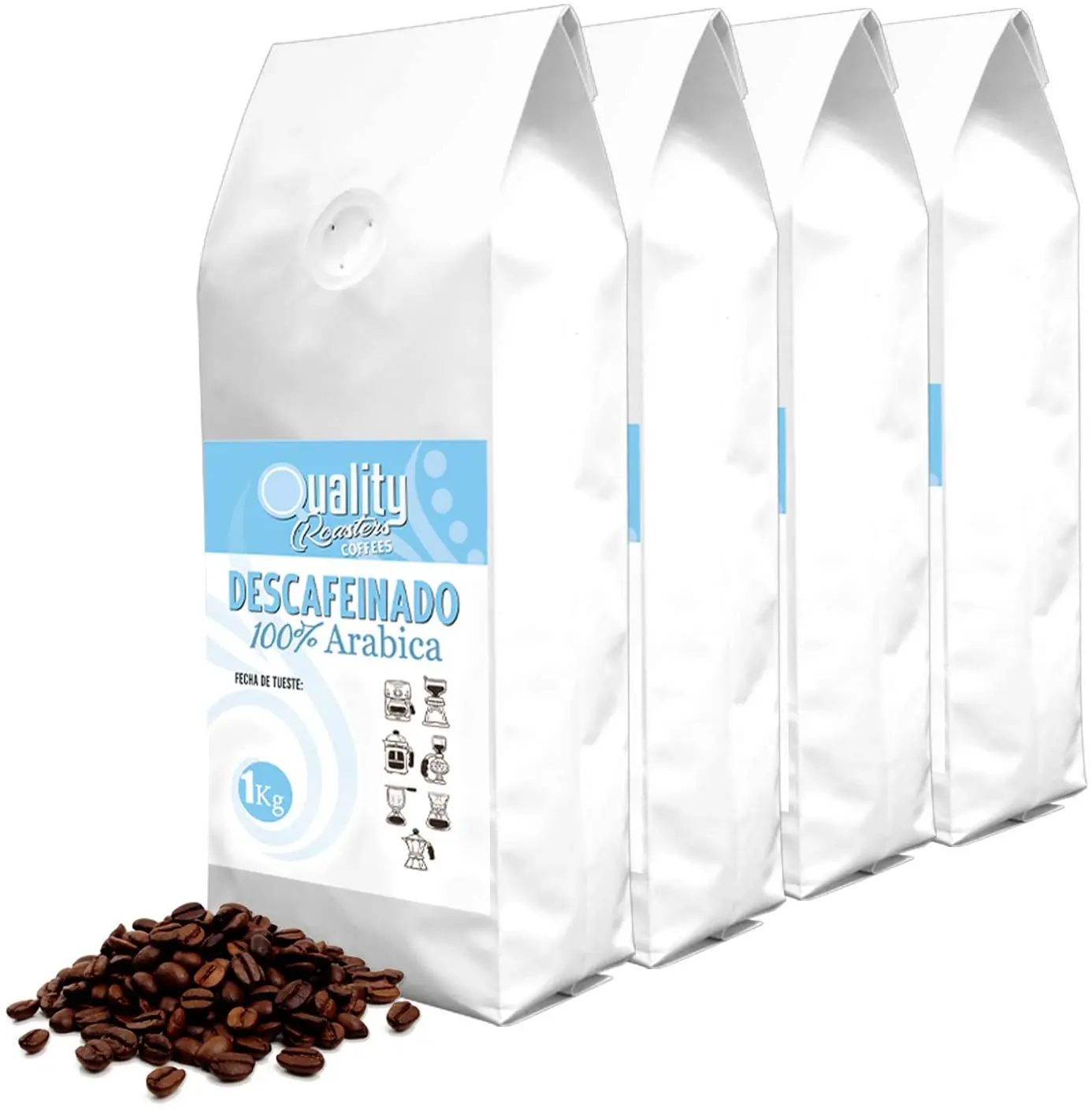 Quality Roasters Coffees. Café en grano natural. Descafeinado. 100% Arábica. Pack de 4 Kg. Tostado artesanal. Tueste Medio. 4 x 1 Kg.