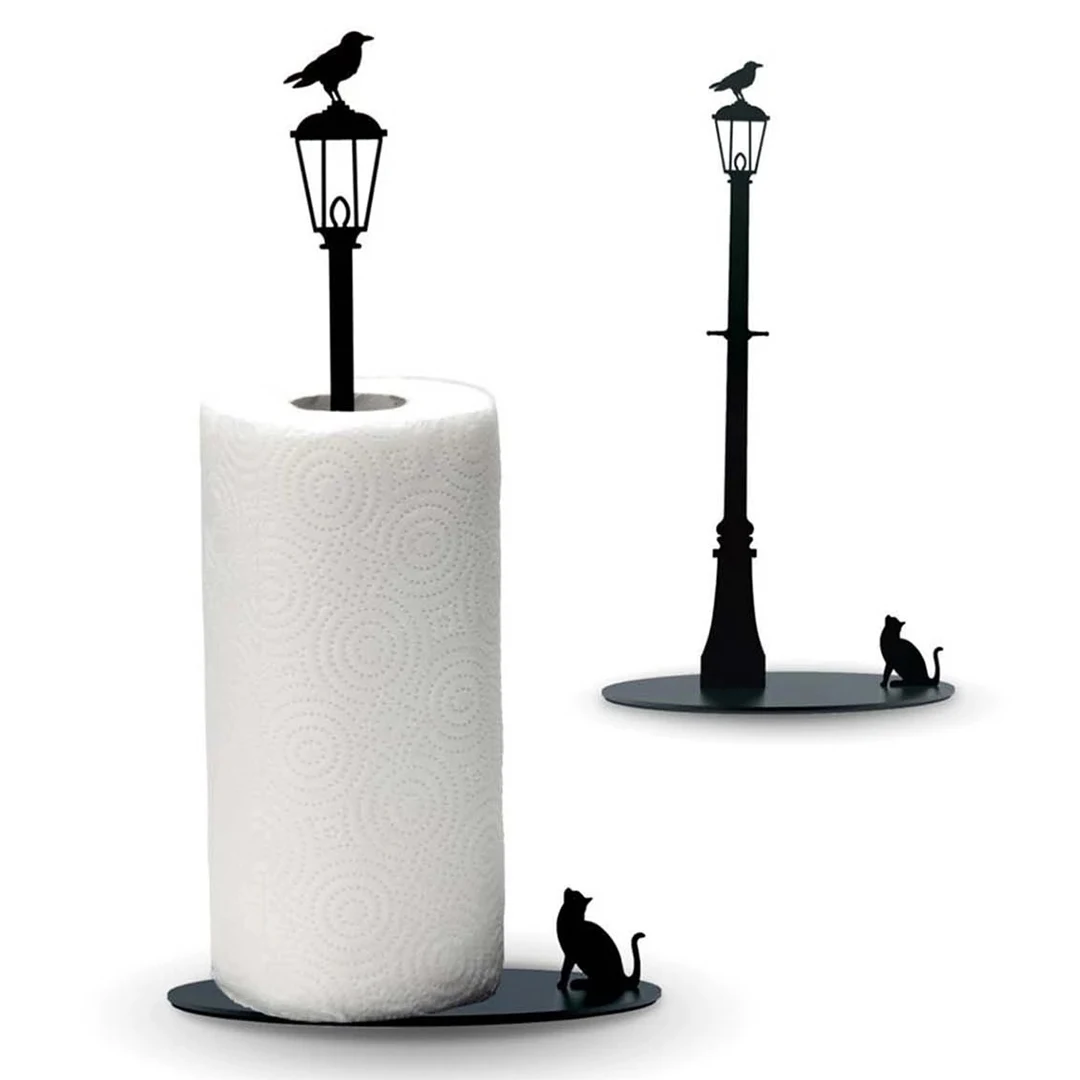 Paper Towel Holder Cat and Crow Figured Metal Kitchen Paper Stand, Paper Towel Holder Kitchen Desktop Accessories - Black