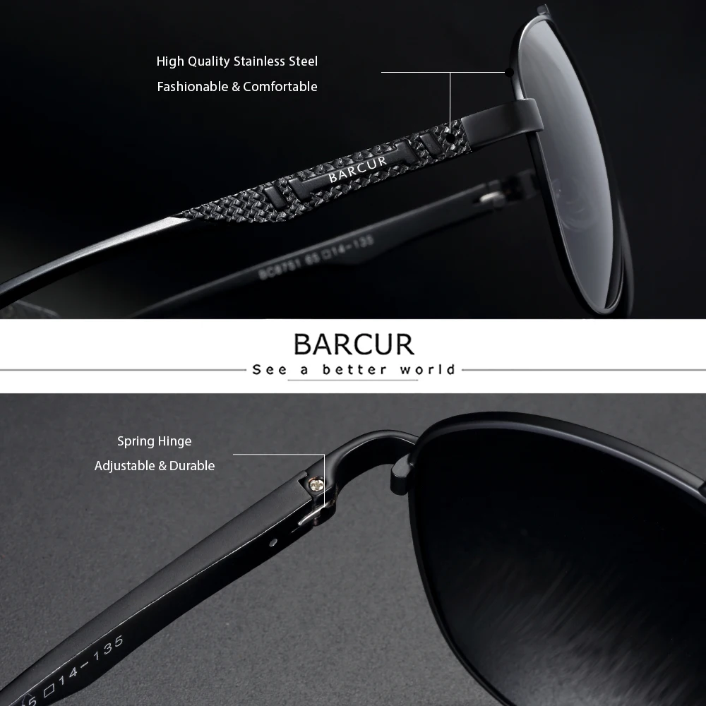 BARCUR Brand Design Stainless Steel Frame Sunglasses Polarized Men Sun Glasses Women Pilot Eyewear Driving Mirror Shades UV400