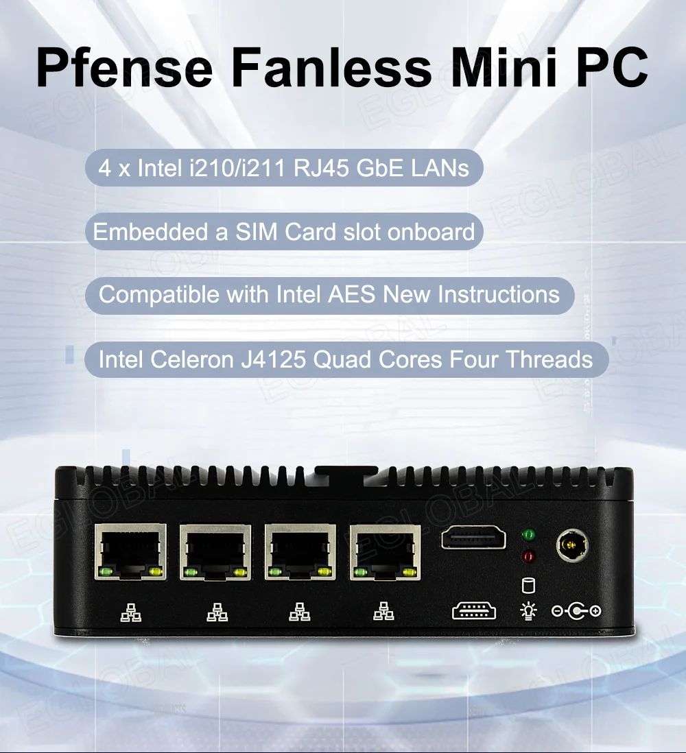 Процессор Eglobal Fanless Pfsense Mini PC J4125 четыре ядра 4 * Intel i210/i211 LAN HDMI COM тонкий промышленный компьютер как маршрутизатор брандмауэра VPN