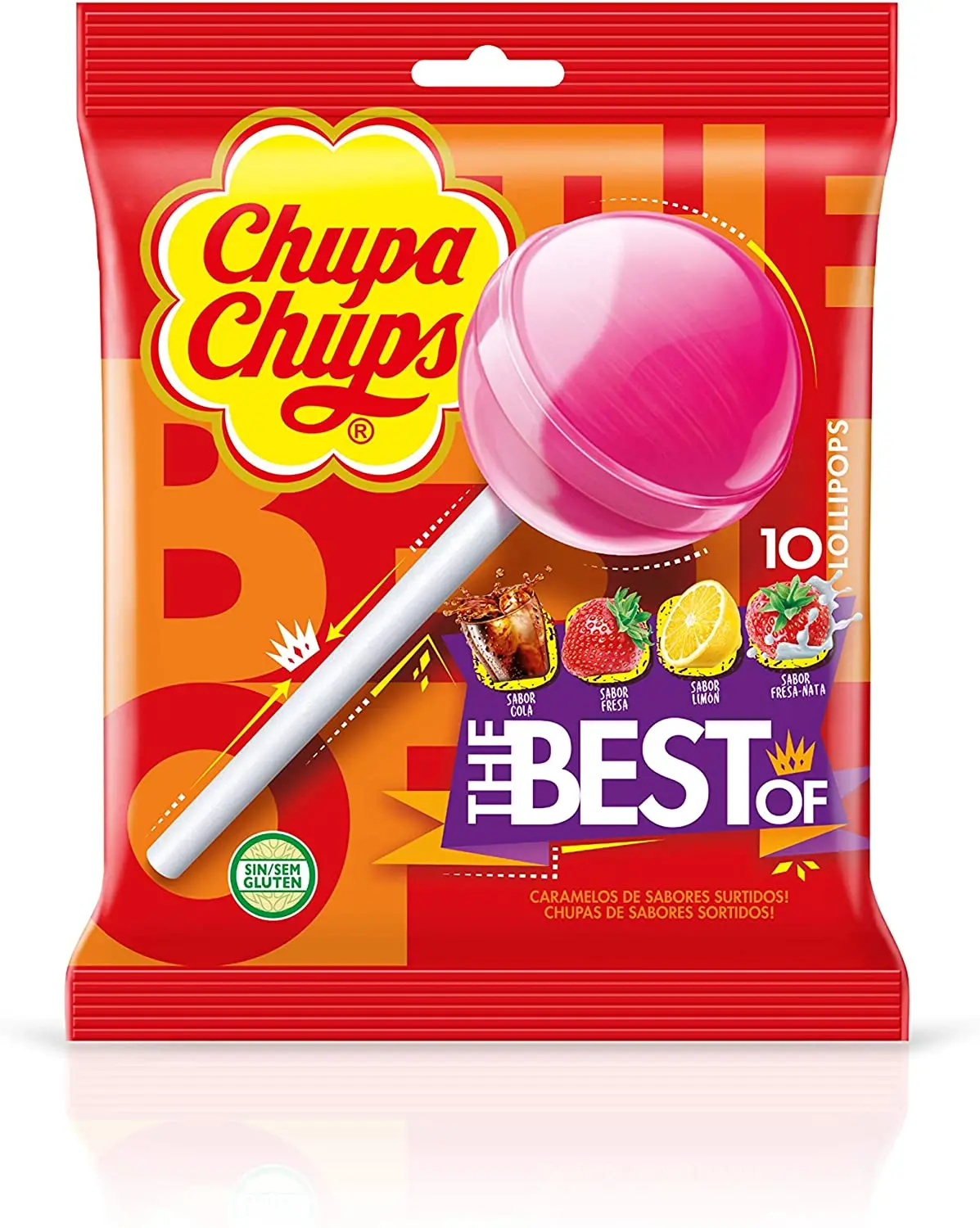 Chupa Chups The Best Of-Hard Candy with assorted flavor stick: Tail, strawberry, lemon and strawberry-cream-contains 12 bags with 10 PCs each