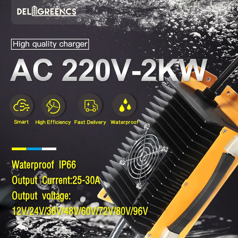 على متن 220 فولت 2KW EV شاحن للدراجات النارية Lifepo4 ليثيوم أيون الرصاص الحمضية 24 فولت 36 فولت 48 فولت 60 فولت 72 فولت 80 فولت 96 فولت 25A تمكين شاحن مقاوم للماء