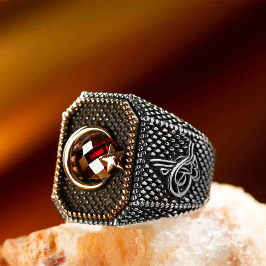 Sterling Silver Mens Ottoman Tughra Ring with Crescent Star Fashion Turkish Premium Quality Handmade Jawelery