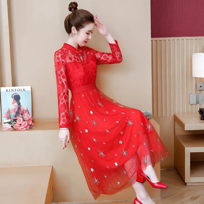 

Lace dress 2020 spring new fashion stand-up collar long-sleeved lace stitching was thin temperament dress