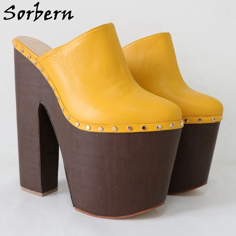 Sorbern Ginger Yellow Pump Shoes 24cm Women Mules Rivet Punk Clogs Block Wooden Style Wide Heels Unisex Shoe Thick Platform