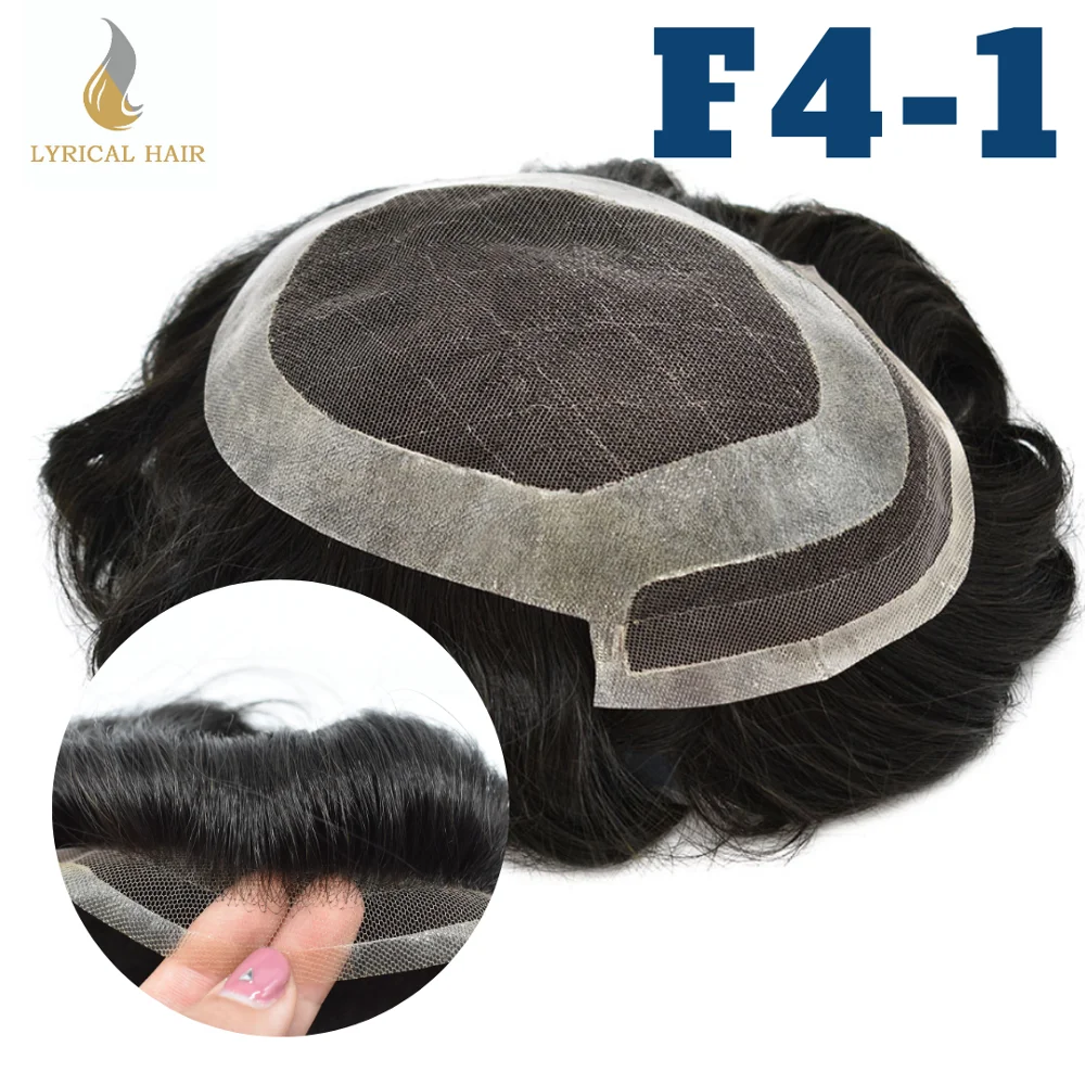 French Lace Front Mens Toupee Natural Hairline Poly Coating  Around Black Hair System Replacement Mens Hairlpieces Wigs F4-1