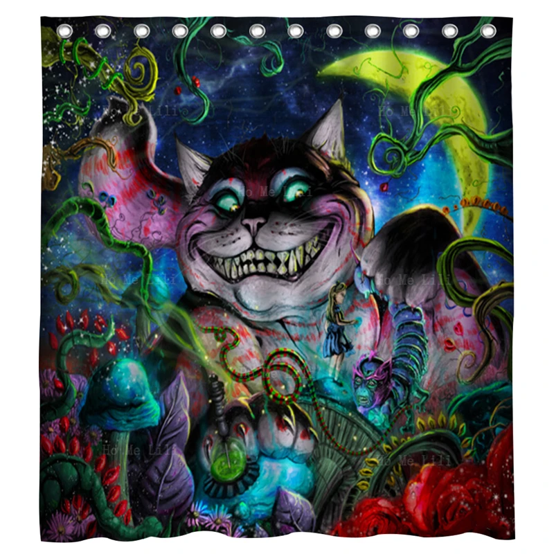 Smiling Cheshire Cat Wonderland Syndrome Fairy Tale Dark Alice Fantasy Halloween Art Shower Curtains For Chirldren With Hooks