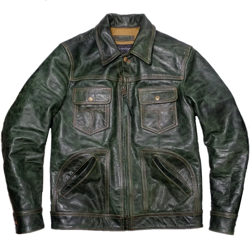 Men's Leather Jacket Horsehide Short Slim Stiff Green Classic Cowboy Motorcycle Coat Windproof Warm Vintage Clothing