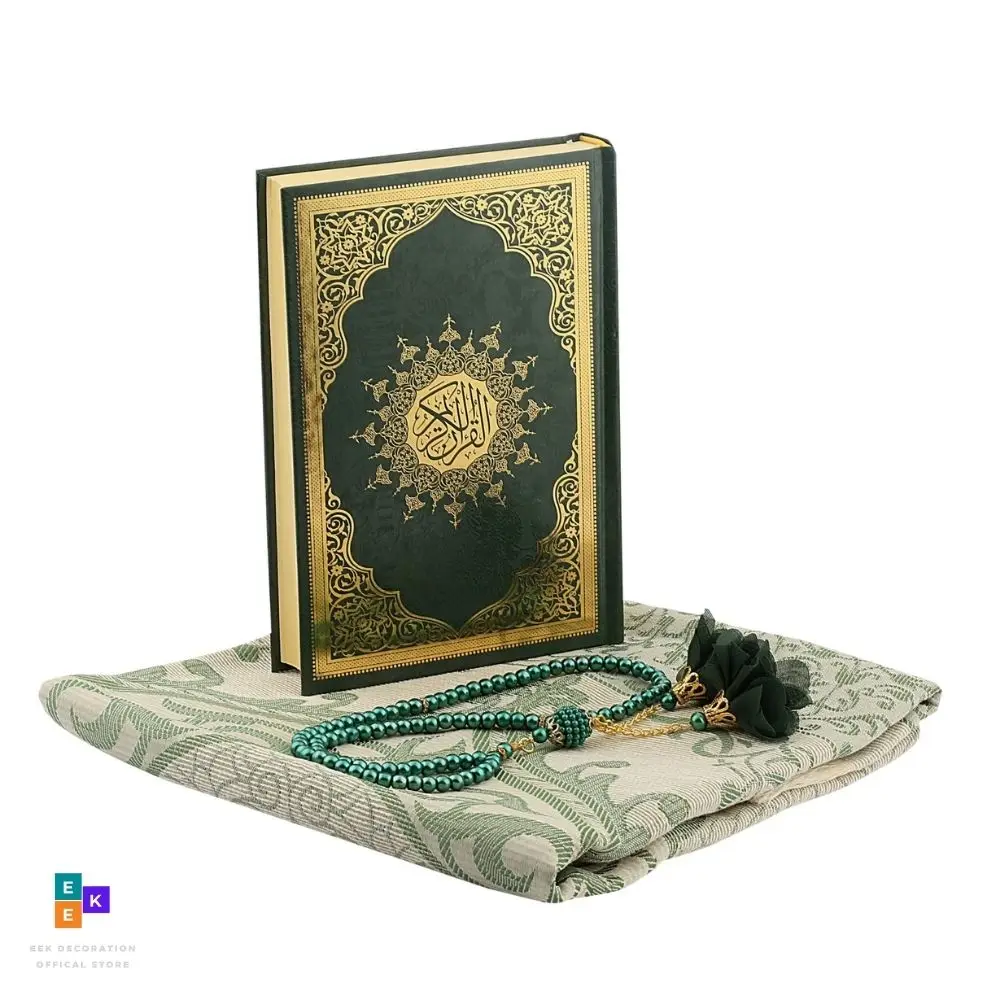 The Qur\'an Gilded with Hardcover, Cotton Taffeta Prayer Rug, Pearl Design Rosary Set Coran Коран Corano  islamic gift Muslim