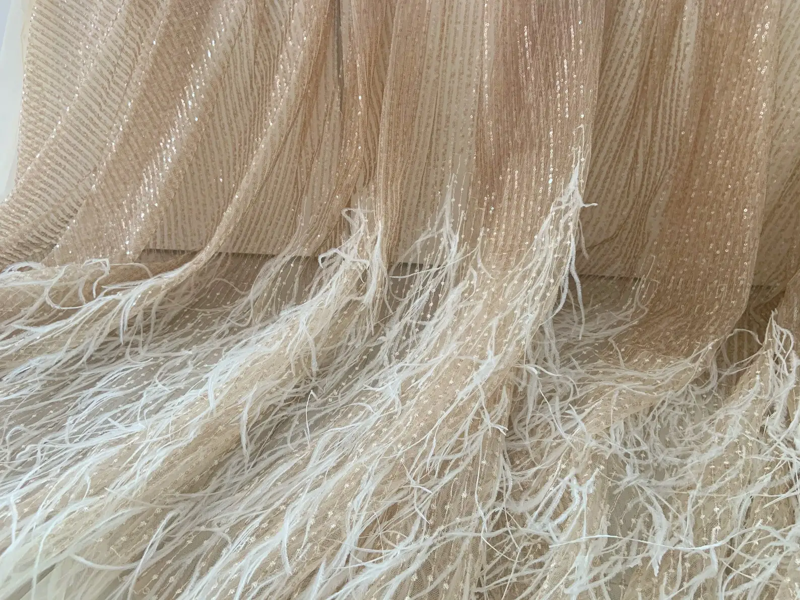 1 Yard Rose Gold Sparkle Sequined Tulle Fabric With Ostrich Feather, French Bead Lace Fabric For Haute Couture Dress,