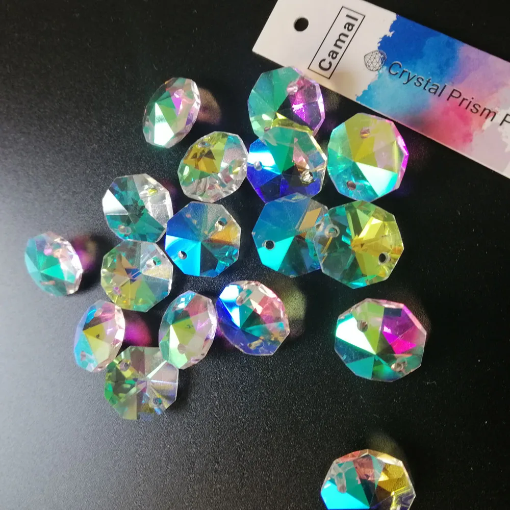 Camal 20Pcs 14mm AB Color Colorful Crystal Octagonal Loose Beads 2 Holes Chandelier Lamp Parts Curtain Craft Wedding Ornament