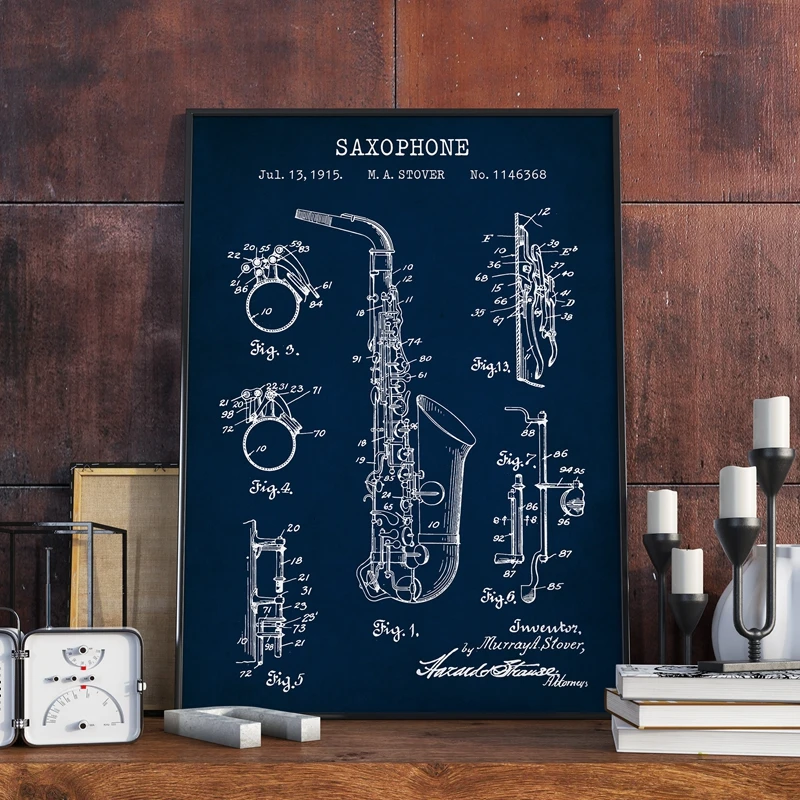 Saxophone Patent Vintage Poster Prints Musician Saxophonist Gifts Musical Instrument Blueprint Art Canvas Painting Wall Decor