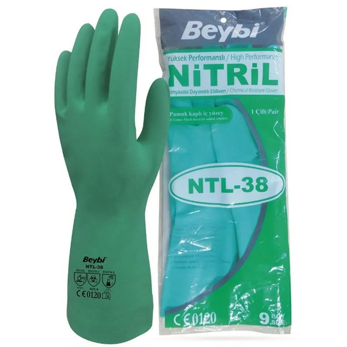 

Beybi Protect Green Nitrile Chemical Gloves 38Cm 5 Pairs Chemical Protection Gloves in Nitrile Multi-Purpose Work Gloves,