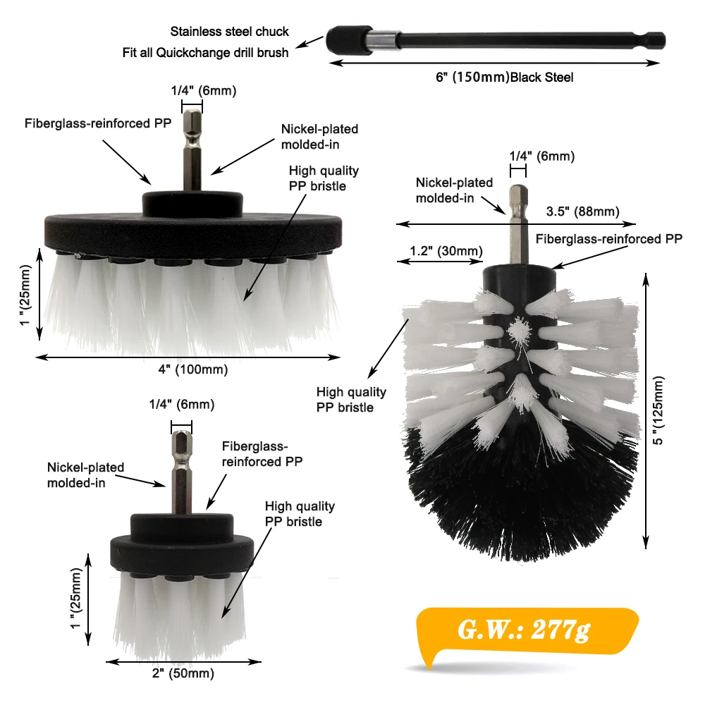 Broca Elétrica Brush Kit com Extensão, Poder Esfoliante, Limpar, Carro, Assento, Tapete, Estofados, 4Pcs por Conjunto