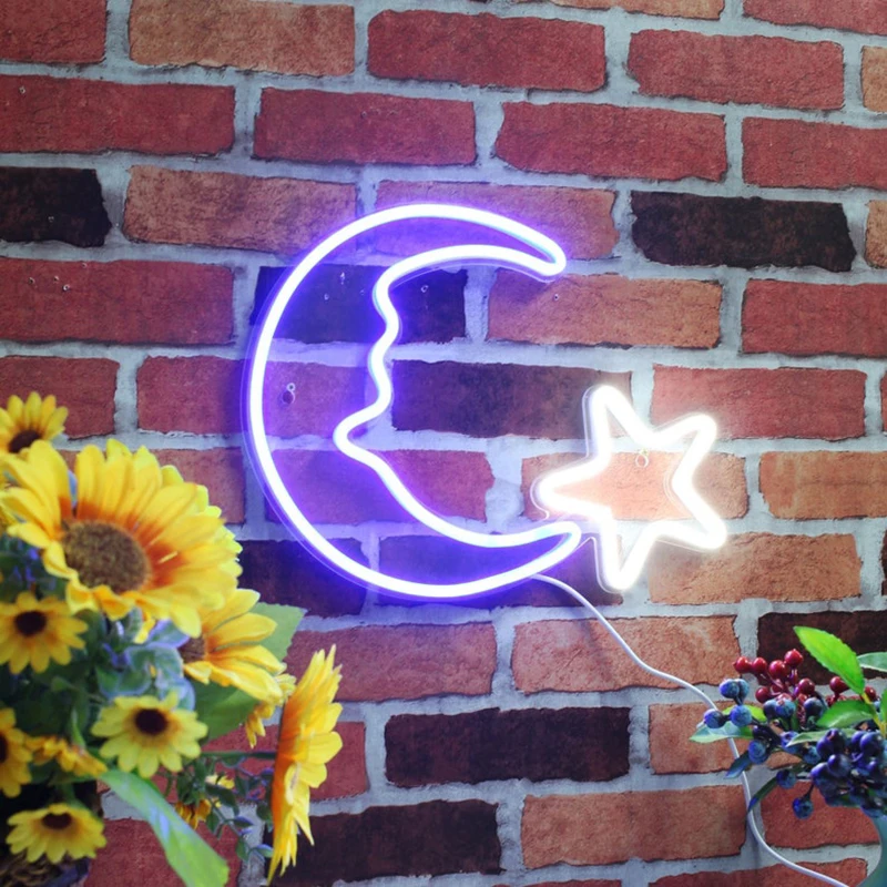 Moon & Star Space Flex LED Neon Sign Lamp Wall Art Gifts for Decorations Apartment Home Party Decoration LED Room Decor For Kids