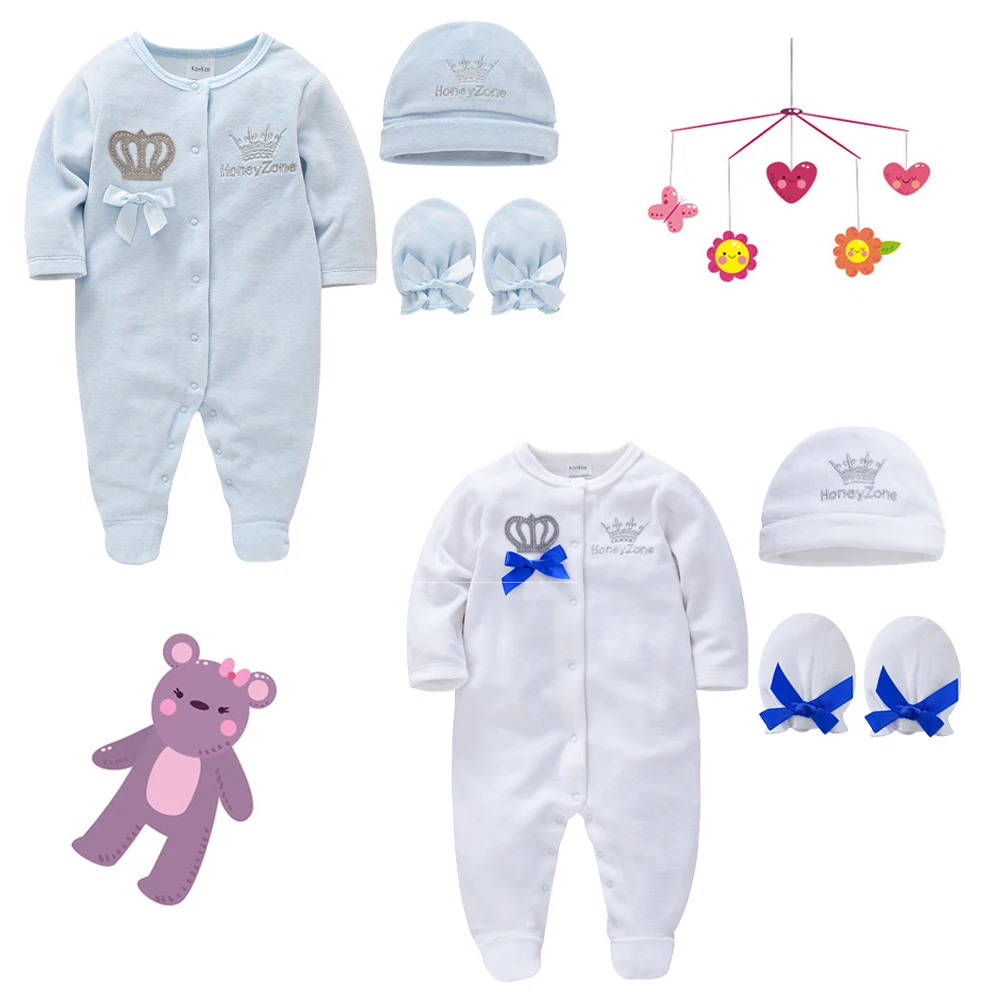 

Winter Newborn Baby Romper Boys Clothes Sets Girls Velour Pajamas Hats Mittens Infant Clothing Comfy Jumpsuit Outfit 0-12M