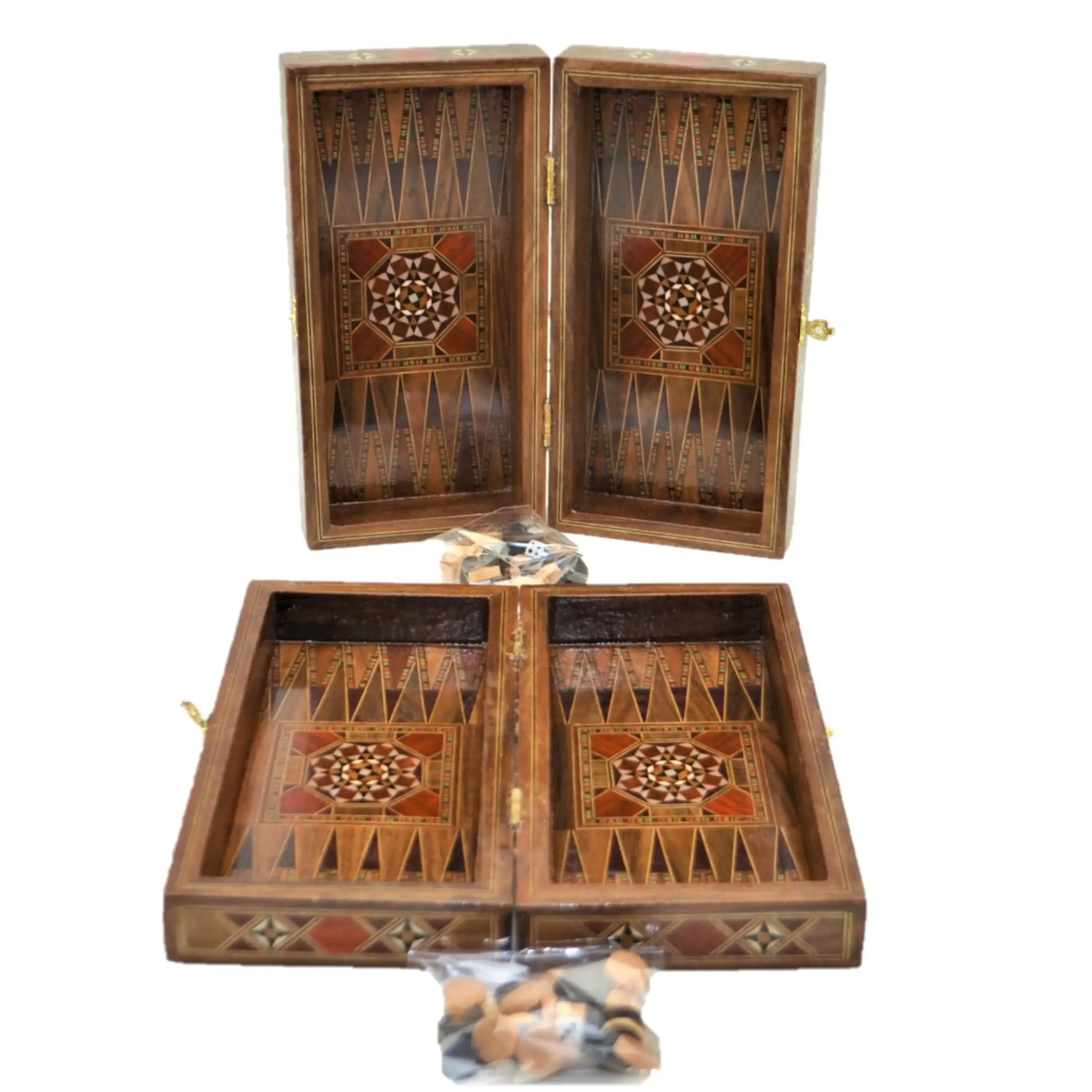 Vintage Game Set Handmade Motif Natural Solid Wooden Backgammon,Chess Board, checkers Sets for Kids and Adults Mini Size