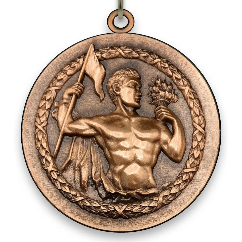 Large Metal Victory Male Bronze Medal - 6,4 cm - with Nck Ribbon size 2,2cm x 80 cm -  Choice of Ribbon Colours.