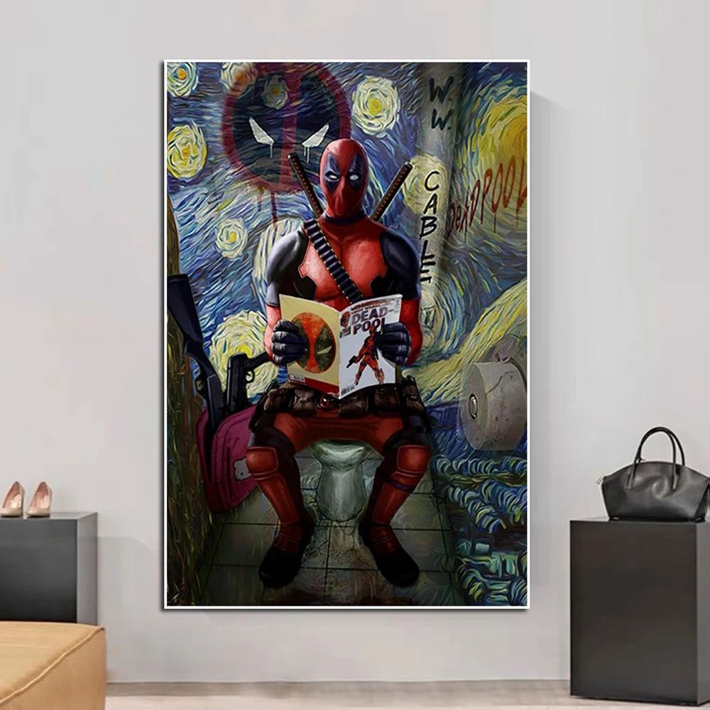 

Deadpool On Toilet Starry Night Reading Book Poster Disney Superhero Canvas Painting Wall Art Living Room Home Decoration