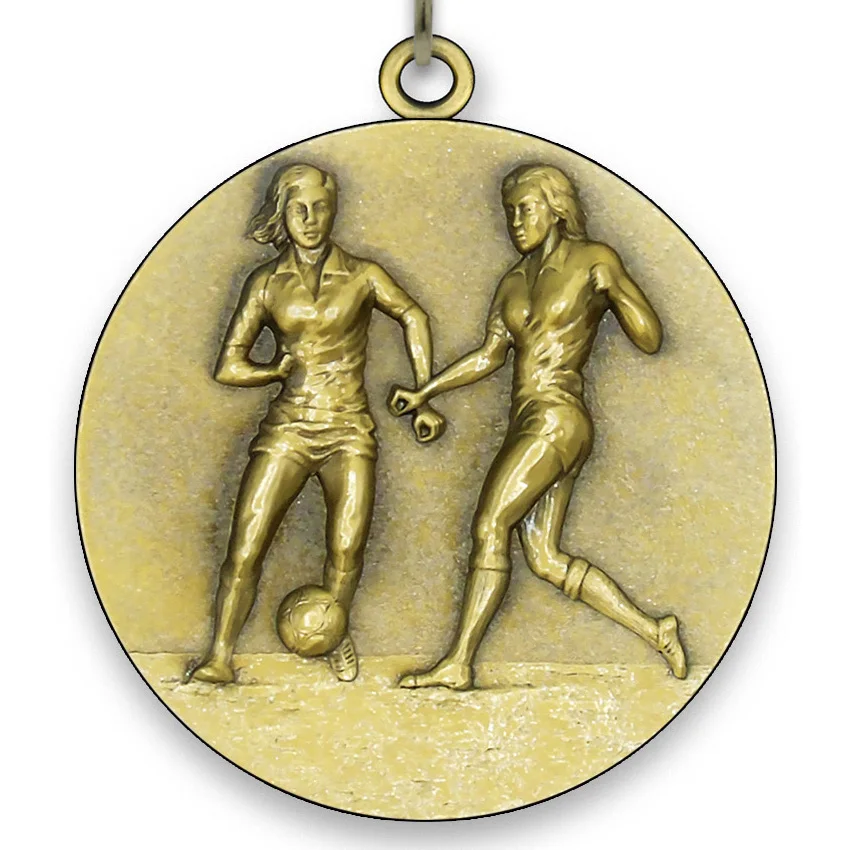 Large Meta l-Football Medal Female - Gold - 6,4 cm - with Neck Ribbon size 2,2cm x 80 cm - Choice of Ribbon Colours.