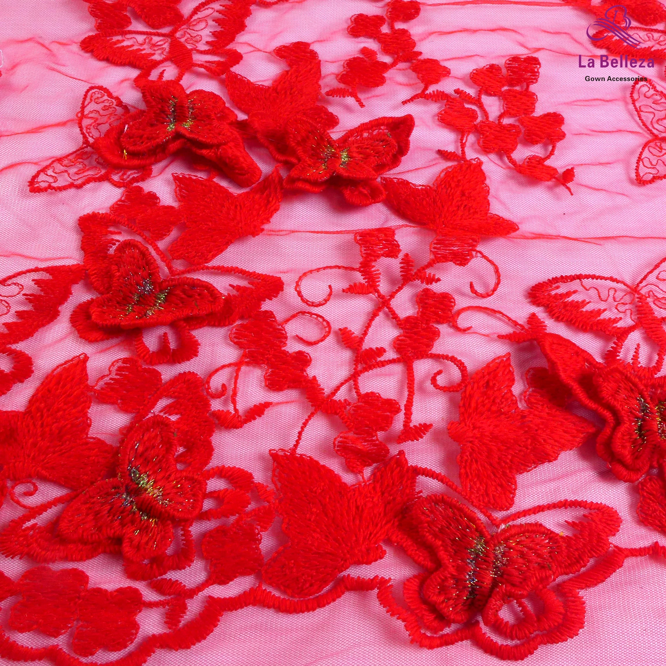 Red 3d butterfly on tulle embroidery lace fabric wedding dress lace fabric 1 yard