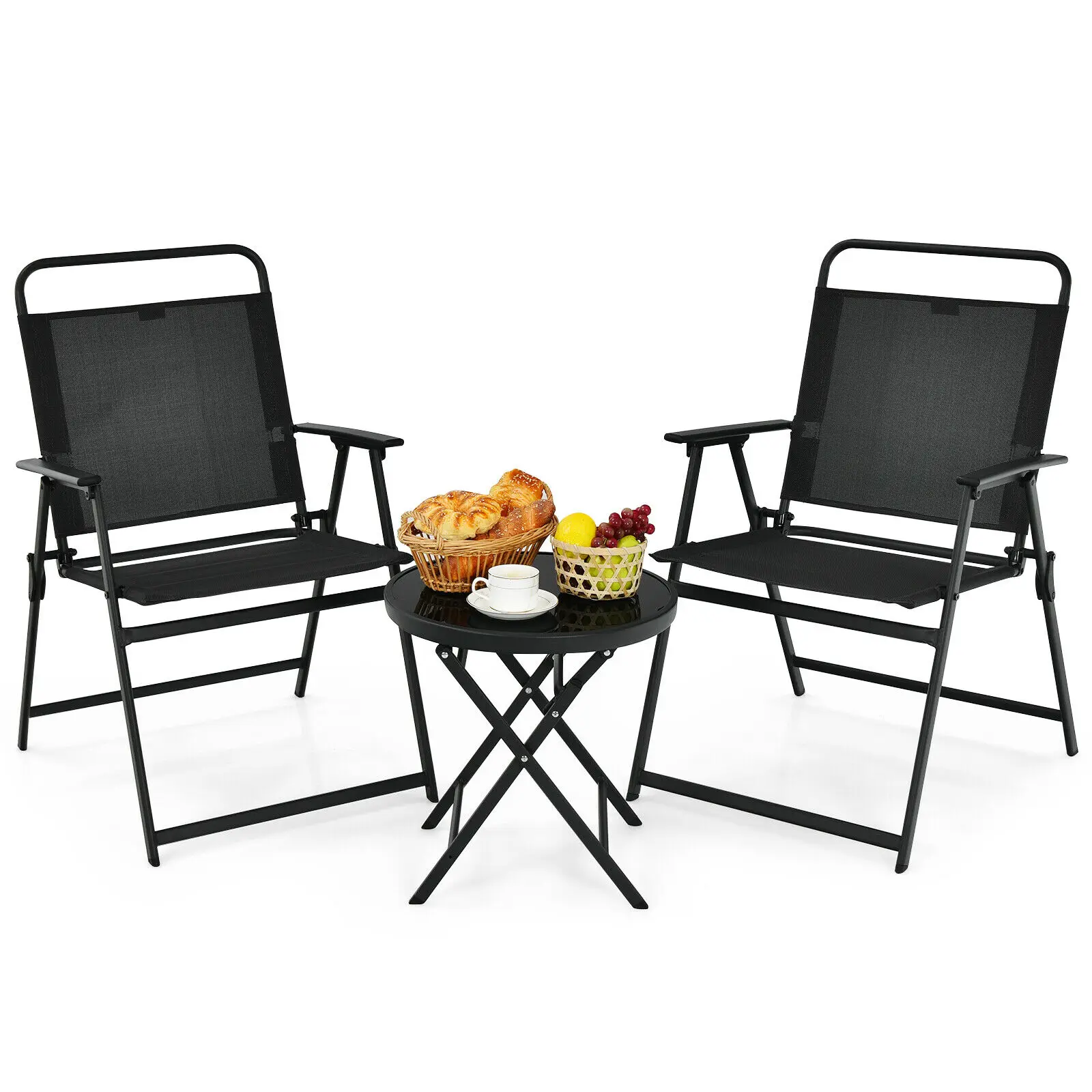 Patiojoy 3PCS Outdoor Bistro Set Folding Table and Chairs Garden Deck Black