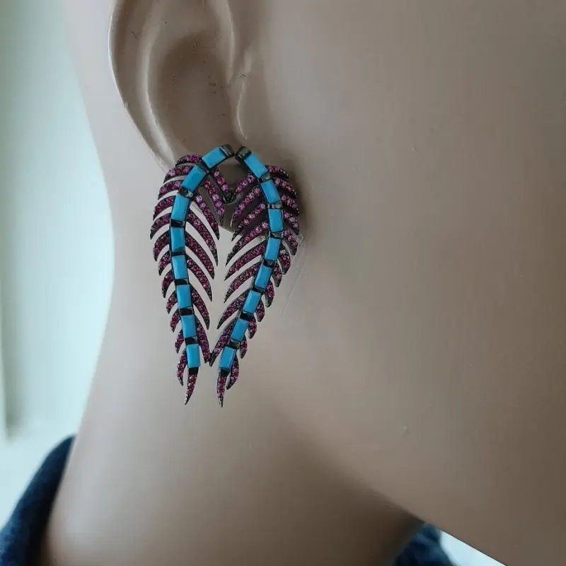 925 Sterling Silver Wings Multi Color Statement Long Big Boho Cute Dangle Stud Earrings серьги с камнями 925