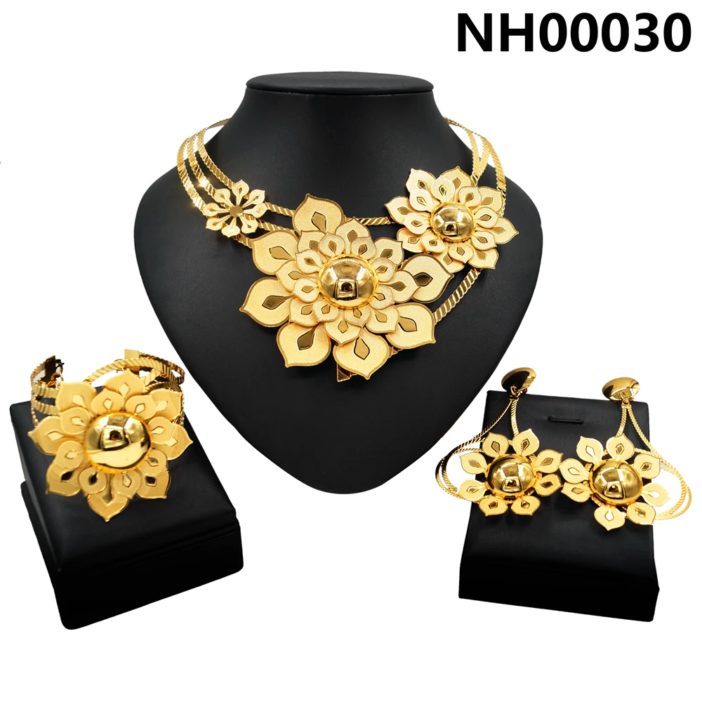 Juego de joyas chapadas en oro de 24 quilates para mujer, collar grande con flores, pulsera, accesorios de regalo para fiesta de boda, NH00030