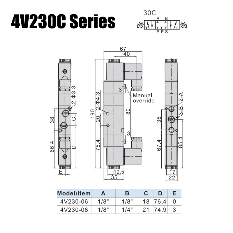 Magas légnyomású levegő minőségű 4V130C-06 4V230C-08 4V330C-10 4V430C-15 Szellőztet electromagnetic valves 3 Fekvés 5 Mód Levegőműködtetésű Tekercs Tolattyú