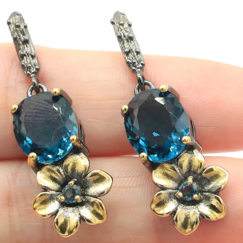 

Buy 4 Get 1 Free 41x13mm Vintage Flowers Shape Dark London Blue Topaz Green Peridot White Sapphire Black Gold Silver Earrings